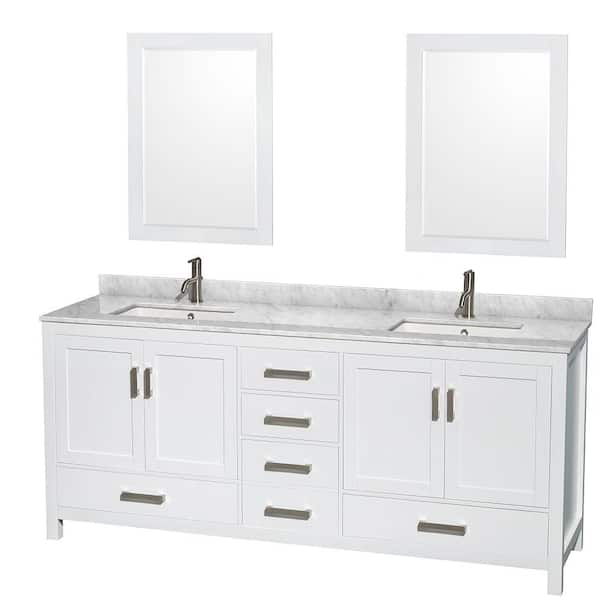 Wyndham Collection Sheffield 80 in. W x 22 in. D x 35 in. H Double Bath Vanity in White with White Carrara Marble Top and 24" Mirrors