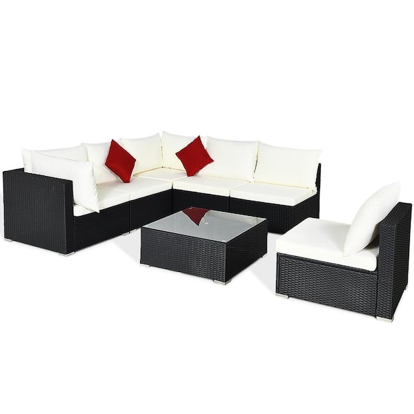 Island 7-Piece Wicker Patio Conversation Set with Beige Cushions