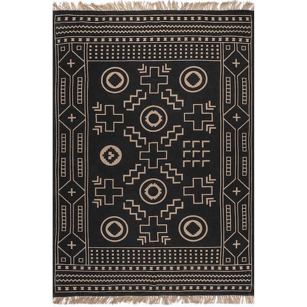 nuLOOM Gretel Tribal Motif Jute Tassel Black 6 ft. x 9 ft. Indoor Area Rug