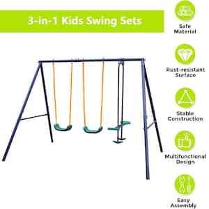 3-in-1 Heavy-Duty Metal Outdoor Playground Equipment Kids Swing Sets with 2 Swings and 1 Glider