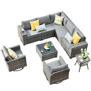 Crater Grey 9-Piece Wicker Wide-Plus Arm Patio Conversation Sofa Set with Swivel Rocking Chairs and Dark Grey Cushions