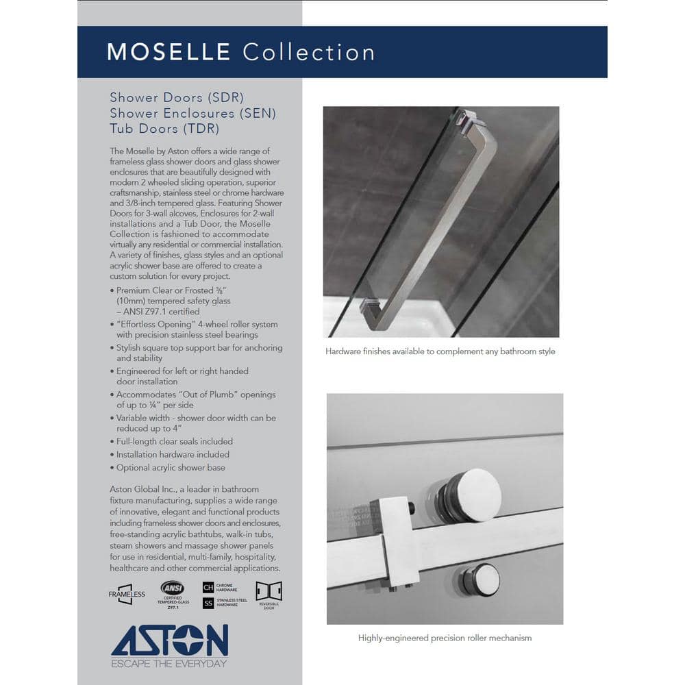Moselle 75" Frameless Sliding Shower Door with Stainless Steel Hardware