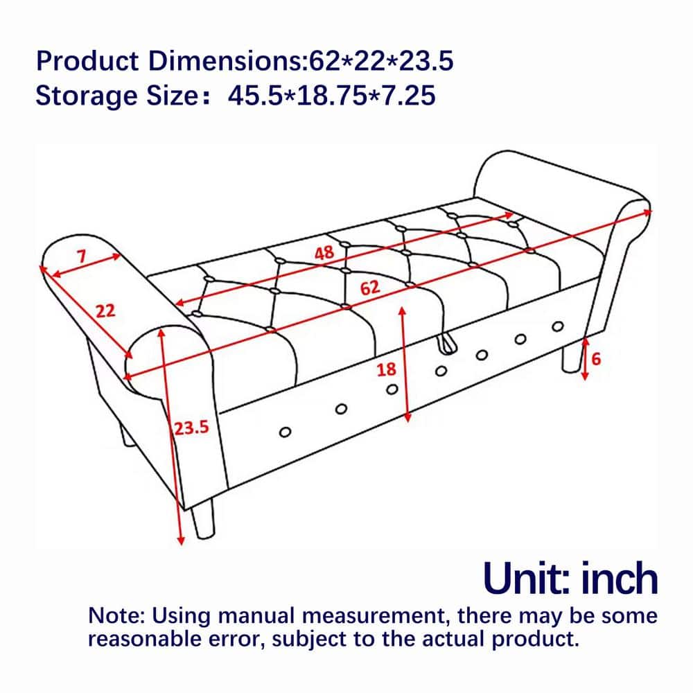 Blue Linen Tufted Storage Bench with Rolled Arms