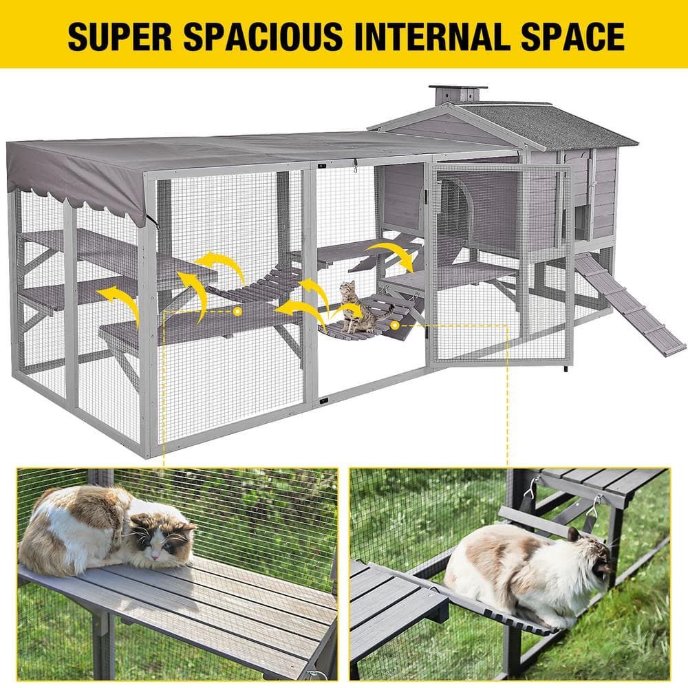 Large Gray Wooden Outdoor Cat House with Vertical Climbing Enclosure
