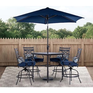 Montclair 5-Piece Steel Outdoor Dining Set with Navy Blue Cushions, 4 Swivel Chairs, 33 in. Table and Umbrella