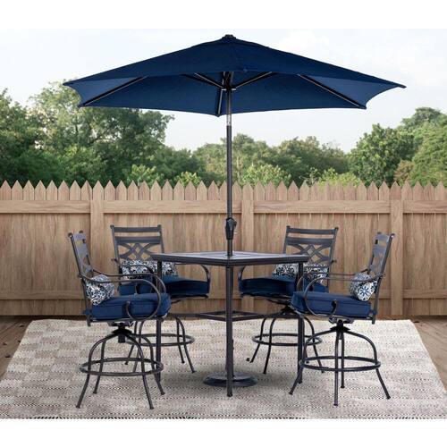 Montclair 5-Piece Steel Outdoor Dining Set with Navy Blue Cushions