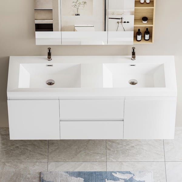 60 in. W x 19.5 in. D x 20.5 in. H Floating Bathroom Vanity in White with solid surface Top White Basin