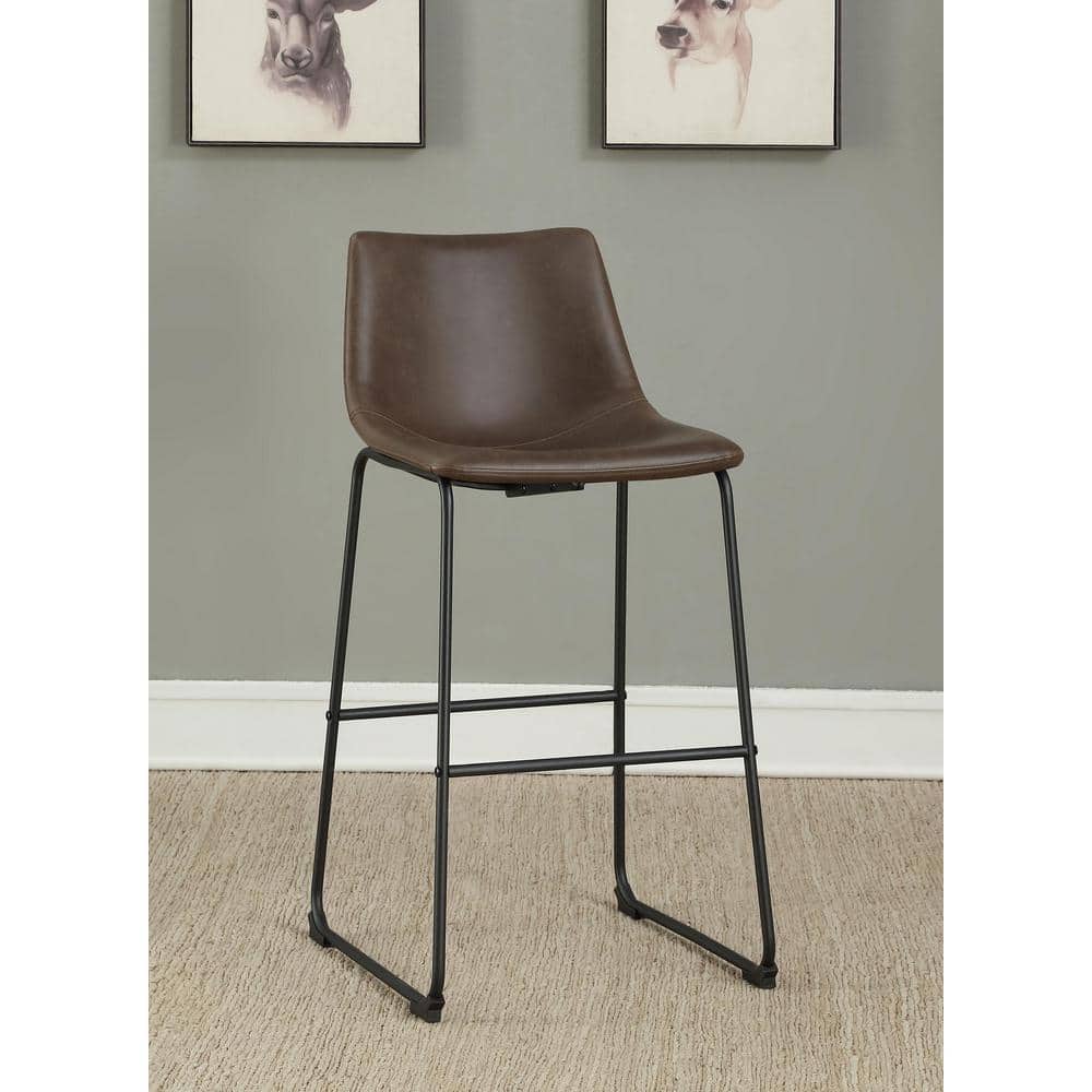 Brown Leather and Black Metal Industrial Bar Stools, Set of 2
