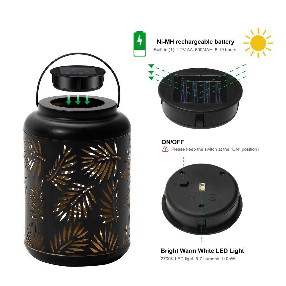 Black Metal Cylinder Solar Powered Outdoor Lantern with Leaf Cutouts