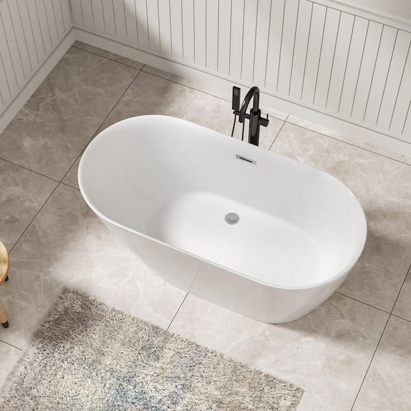 59 in.x 29.5 in. Acrylic Freestanding Rectangular Soaking Bathtub in White with Chrome Overflow and Drain