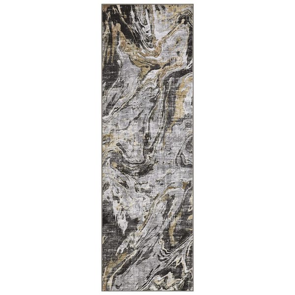 Gray 2 ft. x 6 ft. Modern Abstract Foldable Machine Washable Polyester Area Rug