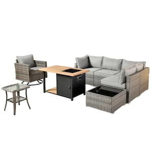 Sanibel Gray 8-Piece Wicker Patio Conversation Sofa Set with a Swivel Chair, a Storage Fire Pit and Dark Gray Cushions