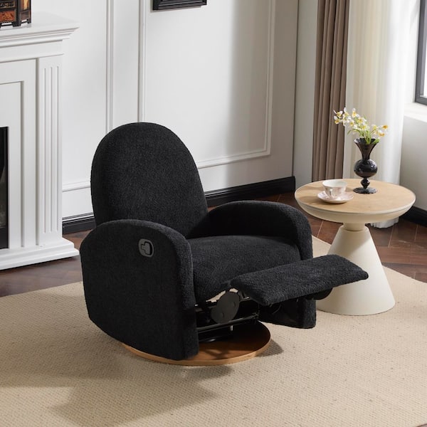 360 Swivel and Glider Black Boucle Fabric Recliner Chair with Solid Wood Base