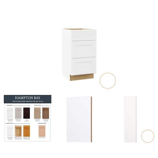 Shaker Satin White Bath Cabinet, 3-Drawer Cabinet, Toe Kick and Filler Combo (4-Piece Set)