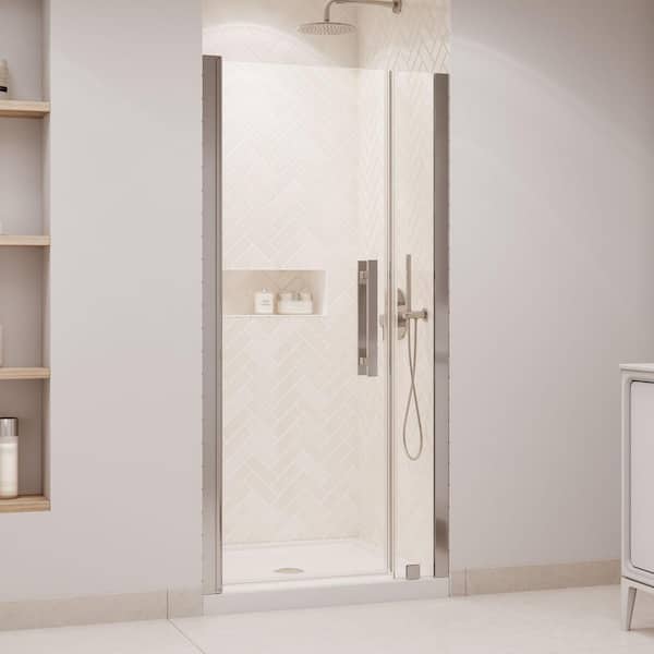 Pasadena 36 in. L x 36 in. W x 72.01 in. H Alcove Shower Kit with Pivot Frameless Door in Satin Nickel and Shower Pan