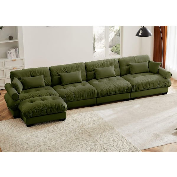 Dalton 166 in. Velvet Upholstered L Shape Sectional Sofa in. Olive Green with Ottoman, Blostered Armrests, Pillows