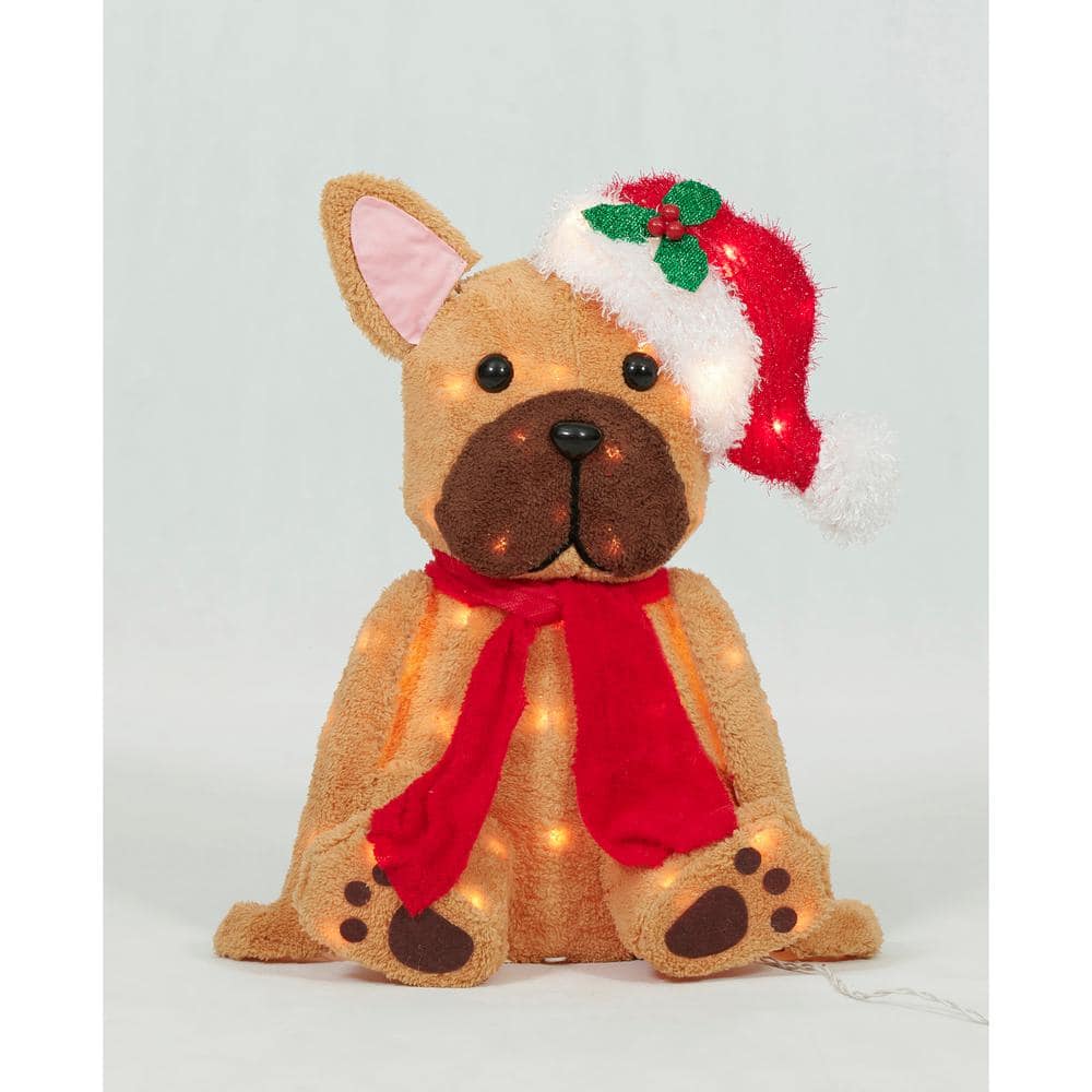 22 in. Tall Lighted Christmas Plush Tinsel Sitting Bulldog With Hat Yard Sc