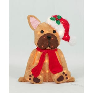 22 in. Tall Lighted Christmas Plush  Tinsel Sitting Bulldog With Hat Yard Sculpture