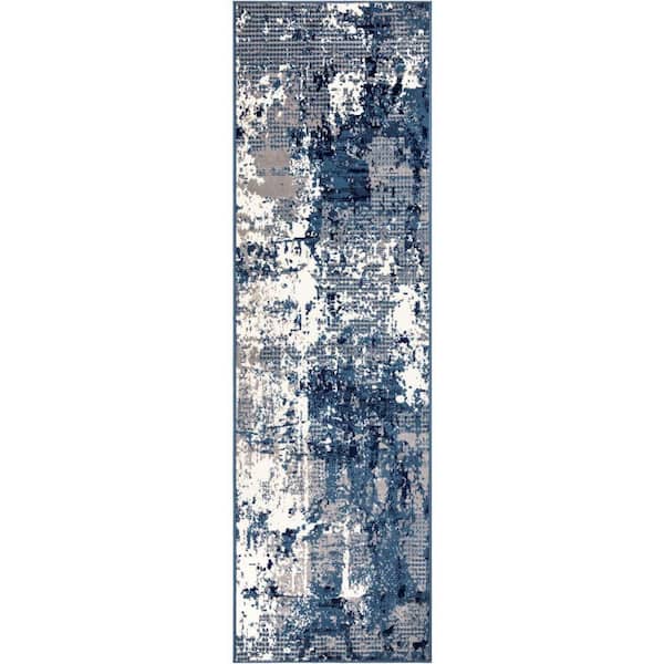 Navy Blue Grafix 2 ft. x 10 ft. Abstract Contemporary Runner Area Rug