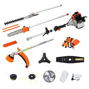 8 in 1 Orange Multi-Functional Trimming Tool, 56CC 2-Cycle Garden Tool System with Gas Pole Saw, Hedge/Grass Trimmer