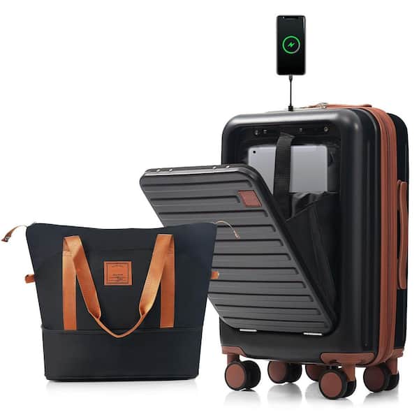 Front Opening 2-Piece Black and Brown 20 in. ABS Hardshell Spinner Luggage Set with Travel Bag, USB Ports, Cup Holder