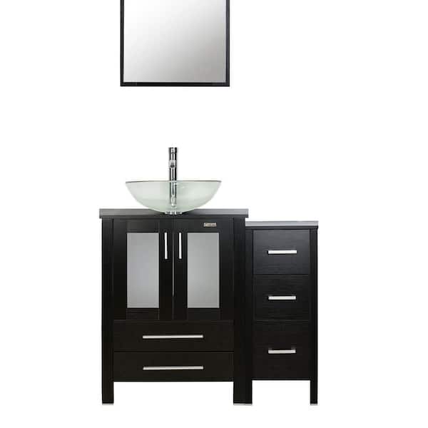 36 in. W x 20 in. D x 32 in. H Single Sink Black Bath Vanity with Clear Glass Top and Chrome Faucet Drain Set