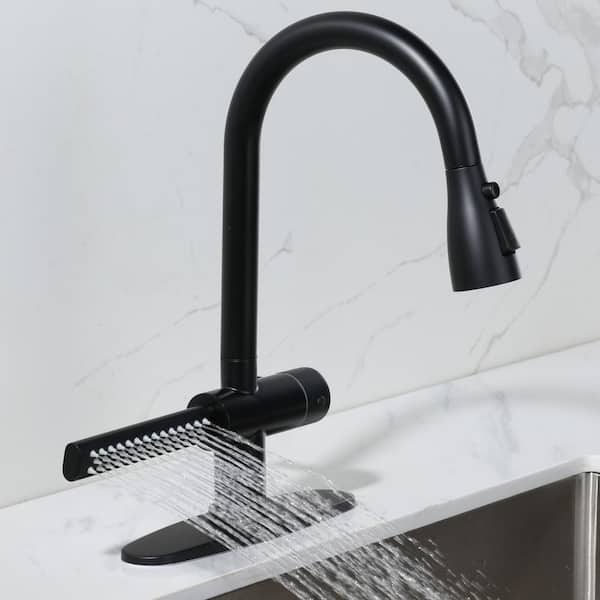 15.7 in. H Pull Down Sprayer Kitchen Faucet with 3-Modes 360° Spout Swivel and Unique Waterfall Spout in Matte Black