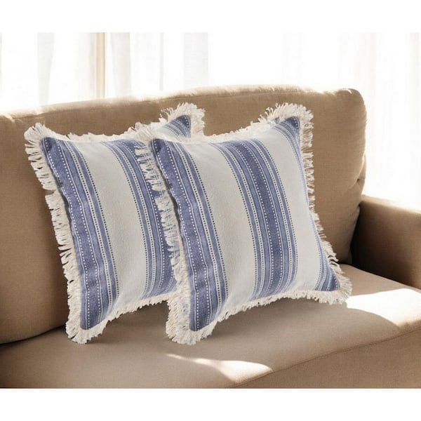 HomeRoots Blue, Cream Striped Polyester 18 in. x 18 in. Throw Pillow (Set of 2)