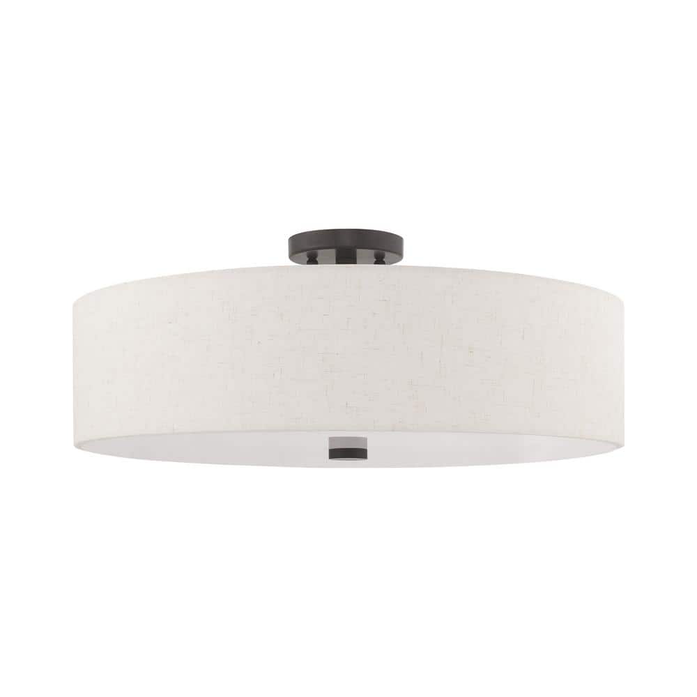 English Bronze 5-Light Semi-Flush Mount with Fabric Drum Shade