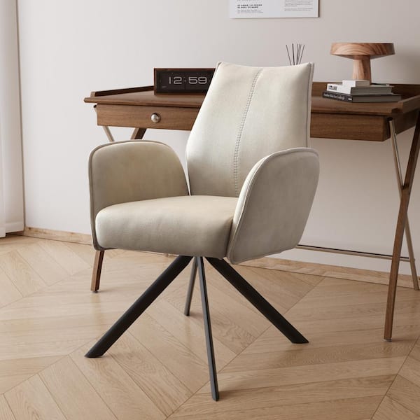 Beige Modern Office Chair without Wheels,Upholstered Swivel Accent