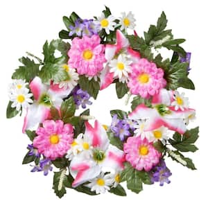18 in. Artificial Decorated Wreath with Tiger Lilies and Daisies