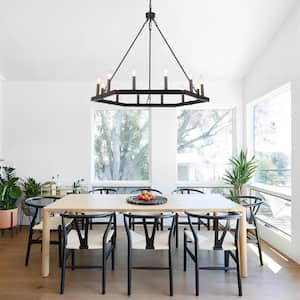 12-Light Black Hexagonal Design Wagon Wheel Chandelier for Kitchen Island with No Bulbs Included