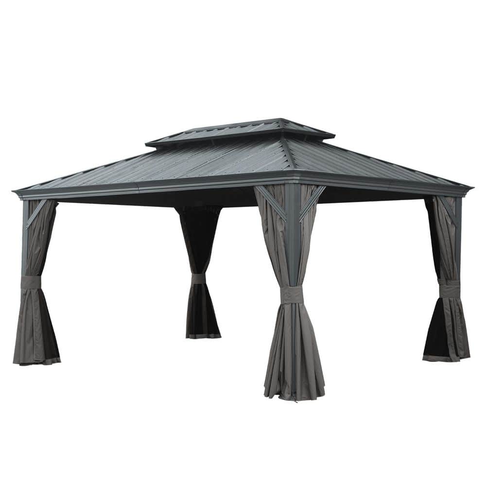 12 ft. x 14 ft. Grey Outdoor Hardtop Gazebo with Dual-Layer Galvanized Steel Roof, Aluminum Frame, Curtains & Netting price history on PriceWatchPro