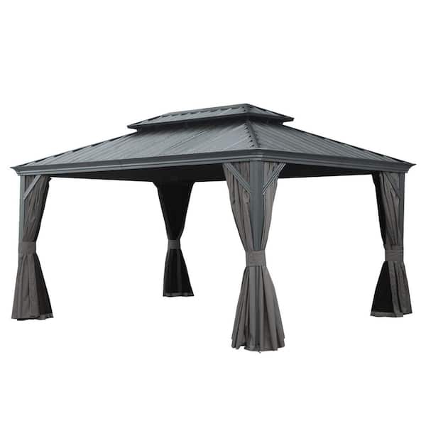 12 ft. x 14 ft. Grey Outdoor Hardtop Gazebo with Dual-Layer Galvanized Steel Roof, Aluminum Frame, Curtains & Netting
