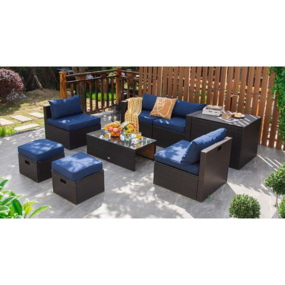 Navy 8-Piece Space-Saving Rattan Patio Furniture Set with Storage