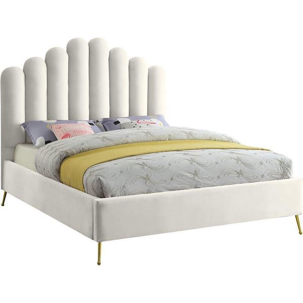 62 in. H Beige Wood Frame King Size Panel Bed with Velvet Upholstery Material and Bed Frame Mounted