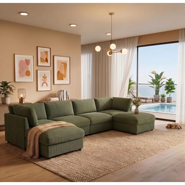Ethan Modern 129 in. Tapered Arms 6-Piece Corduroy Reversible Modular Sectional Sofa in Dark Green with 2 Ottomans