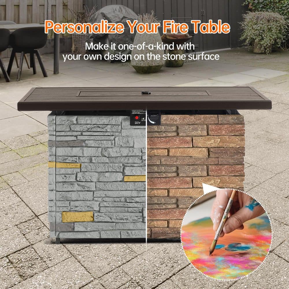 43" Gray Stone Propane Fire Pit Table with Glass Wind Guard