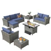 Yosemite Gray 10-Piece Wicker Outerdoor Patio Rectangular Fire Pit Set with Denim Blue Cushions