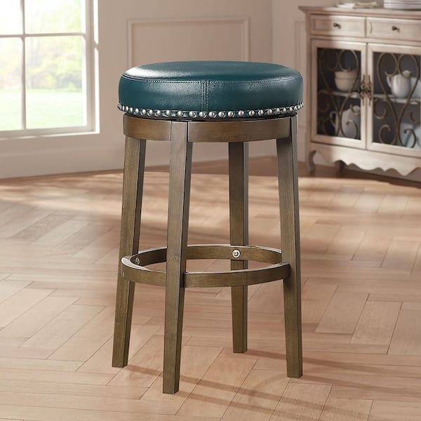 Paran 30 in. Brown Wood Round Swivel Pub Height Stool with Green Faux Leather Seat (Set of 2)