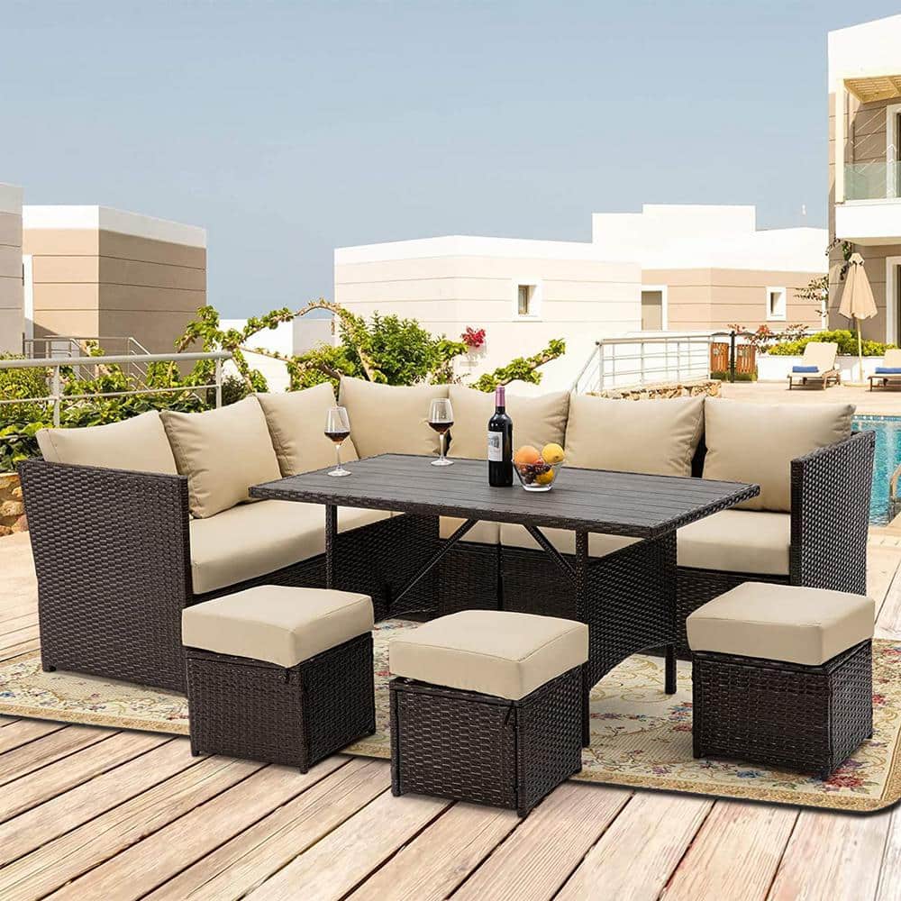 AECOJOY 7Pieces Patio Brown Wicker Furniture Dining Set with Beige