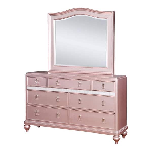 Furniture of America Kloe Rose Gold 7-Drawer 64 in. Dresser with Mirror