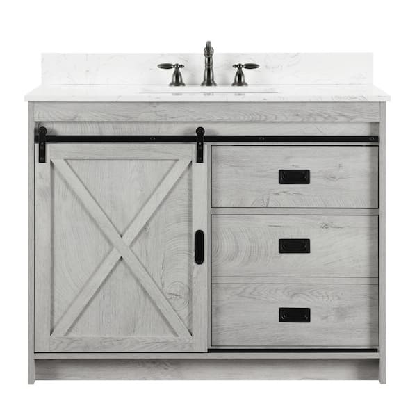 Rafter 42 in. W x 22 in. D Bath Vanity in White Wash with Carrara White Engineered Stone Vanity Top with White Sink