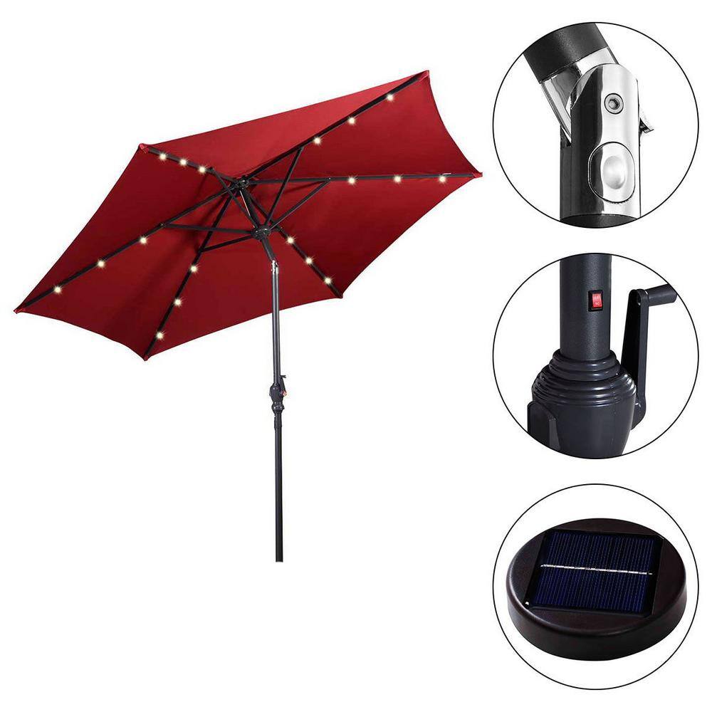 Burgundy 9ft Steel Solar LED Patio Umbrella with Crank