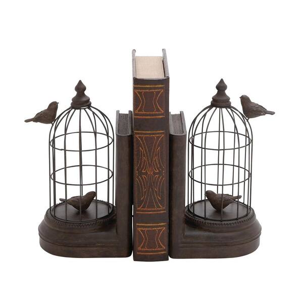 Litton Lane Black Metal Bird Bookends with Cages (Set of 2) 44729 The