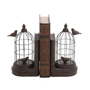 Black Metal Bird Bookends with Cages (Set of 2)