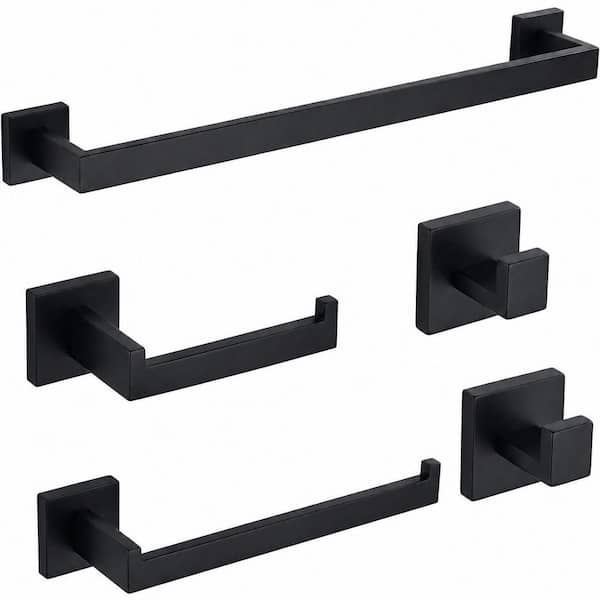 5-Piece Bathroom Hardware Set with Towel Bar, Hand Towel Holder, Toilet Paper Holder, Robe Hooks in Matte Black