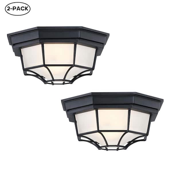 11.42 in. 1-Light Retro Textured Black Flush Mount Light Fixture with Frosted Glass (2-Pack)