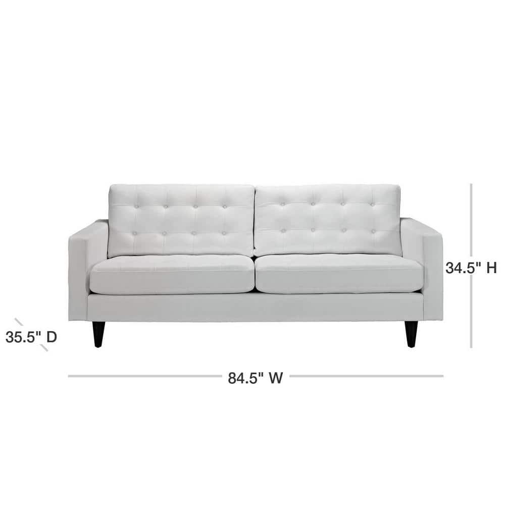 White Tufted Faux Leather Sofa with Wood Legs