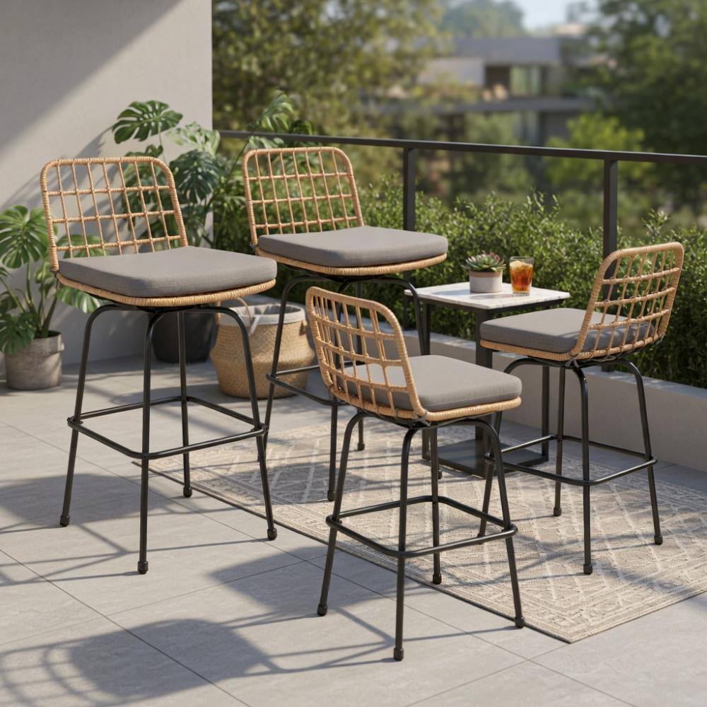 Four modern swivel bar stools with light brown PE rattan and gray cushions.
